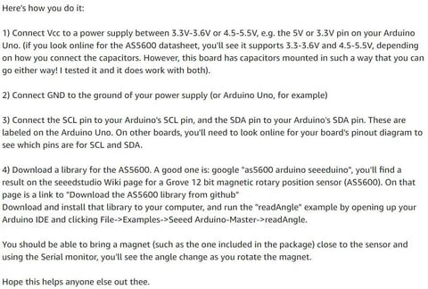 Instruction text for setting up AS5600 Magnetic Encoder 3.3V 12 Bit High Precision Module with Arduino