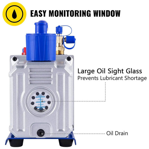 12 CFM 1 HP Double Stage HVAC Vacuum Pump For Auto Repair 110V By VEVOR with easy monitoring window and large oil sight glass