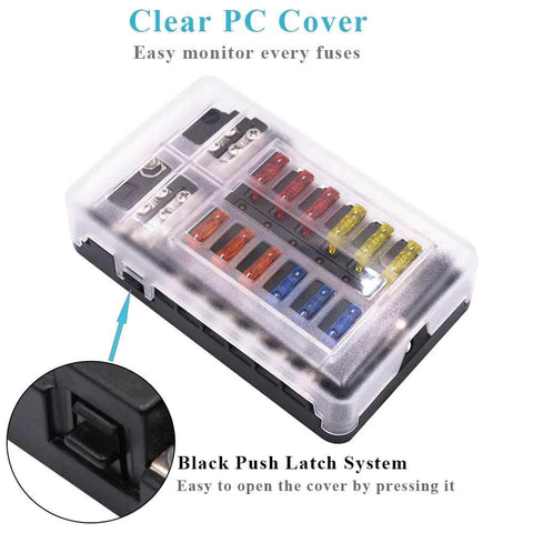 Marine Fuse Block Panel With LED Warning Indicator And Damp Proof Cover, 12 Circuits With Negative Bus And Screw Terminals, DC 12-24V, Fuses Included For Car Boat RV Truck, Plug-And-Play Short-Circuit Diagnosis with clear cover and push latch.