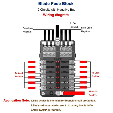 Marine Fuse Block Panel With LED Warning Indicator And Damp Proof Cover, 12 Circuits With Negative Bus And Screw Terminals, wiring diagram