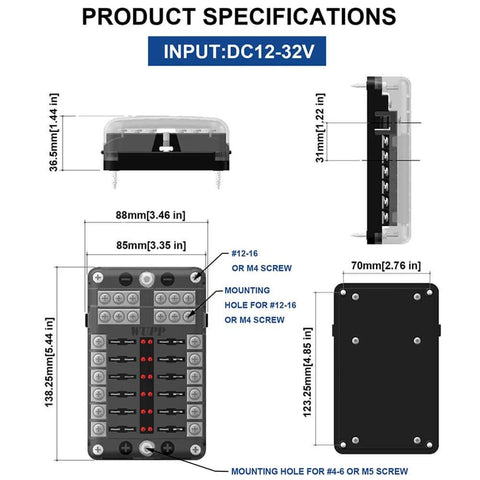 Marine Fuse Block Panel With LED Warning Indicator And Damp Proof Cover, 12 Circuits With Negative Bus And Screw Terminals, DC 12-24V, Fuses Included For Car Boat RV Truck, Plug-And-Play Short-Circuit Diagnosis dimensions and specifications shown