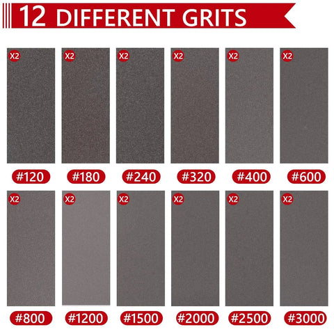 24 Piece Sanding Sponge Set 3x4 Inch With Grit Range 120 To 3000 Hook And Loop showing 12 different grit levels