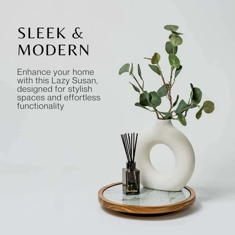12 inch acacia wood lazy susan turntable with removable glass plate, styled with a modern vase and decor.