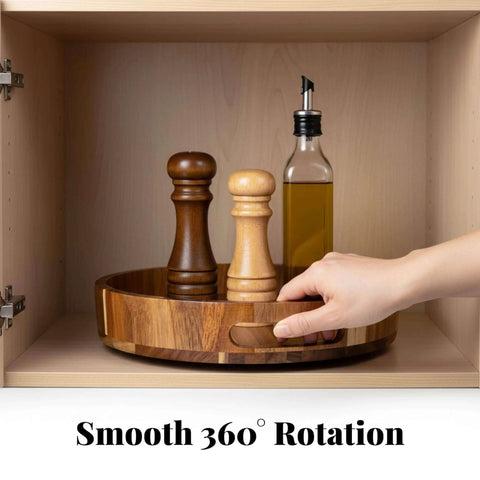 12 inch acacia wood lazy susan wooden turntable organizer with spices in a cabinet, showcasing smooth rotation.