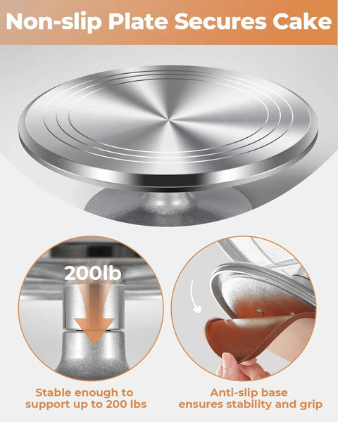 Aluminum Alloy Revolving Cake Stand 12 Inch Rotating Turntable with non-slip plate and anti-slip base for stable countertop performance.