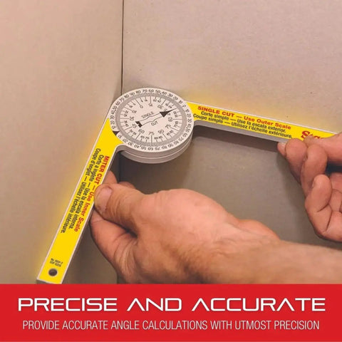 Person using Starrett 12-Inch Aluminum Miter Protractor with Dual Laser Engraved Scales to measure a wall angle for precise cuts.