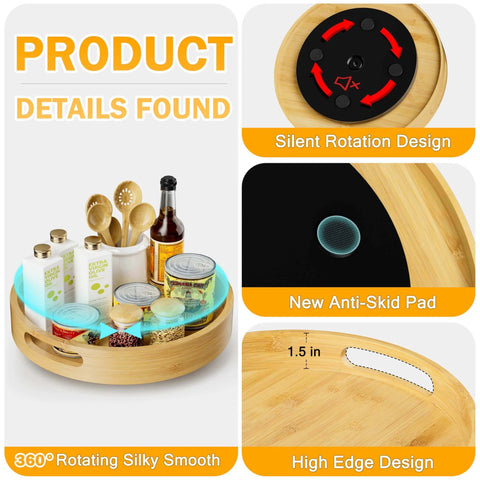 12 inch bamboo lazy susan organizer with handles, non skid rotating spice rack designed for kitchen cabinets and countertops showing design features.