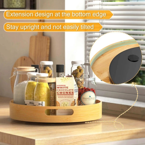 Close-up of 12 inch bamboo lazy susan organizer with handles, non skid rotating spice rack showcasing its stability design.