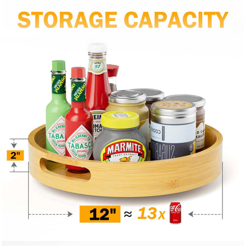 12 inch bamboo lazy susan organizer with handles, non skid rotating spice rack showcasing storage capacity with bottles and jars.