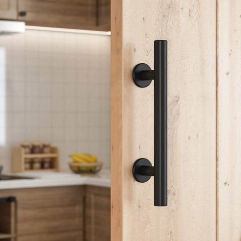 12 inch heavy duty sliding barn door handle with pull and flush finger hardware set, black powder coated finish, installed on door