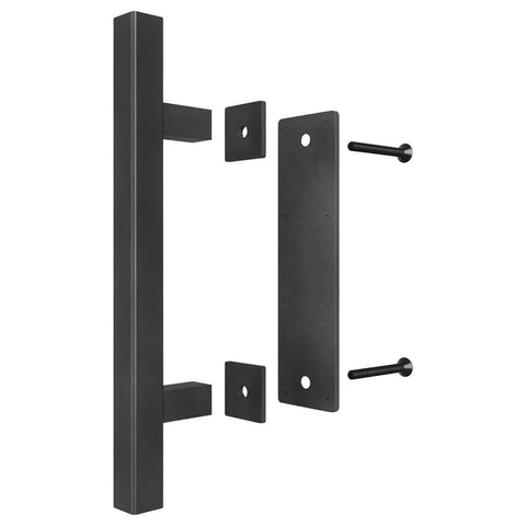 Heavy Duty 12" Pull and Flush Barn Door Handle Set, Large Rustic Two-Side Design, Square Black Steel with screws, side view