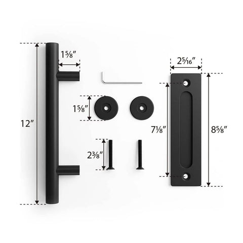 12 inch heavy duty sliding barn door handle with pull and flush finger hardware set, black powder coated finish, components layout