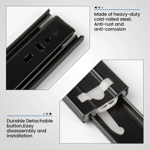 Close-up of heavy-duty black 12-inch full extension ball bearing drawer slides with detachable button and anti-corrosion steel