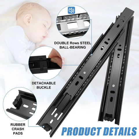 12 Inch Full Extension Drawer Slides Set, 4 Pairs (8 Pieces) Ball Bearing Side Mount Rails, black metal detail with close-up views.