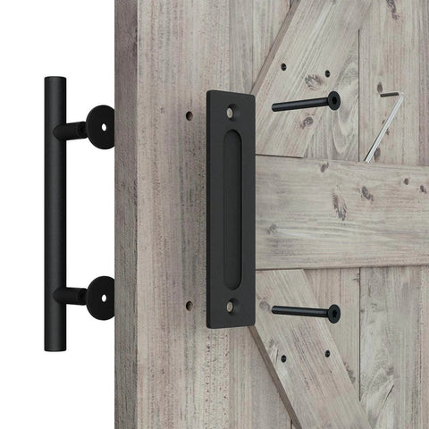 12 inch heavy duty sliding barn door handle with pull and flush finger hardware set on rustic wood door, black finish