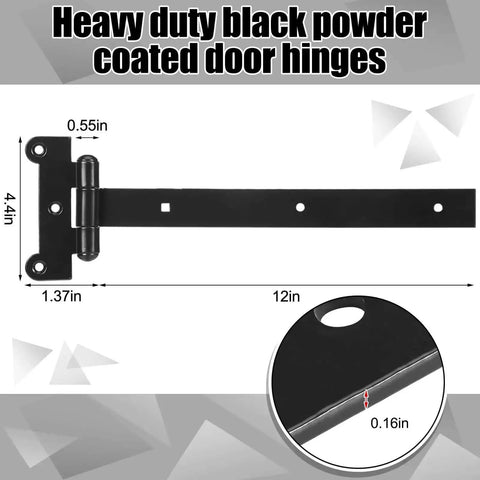 12-Inch Black Powder Coated T-Strap Gate Hinges Built Tough For Heavy Duty Doors Sheds And Barn Gates With 24 Mounting Screws