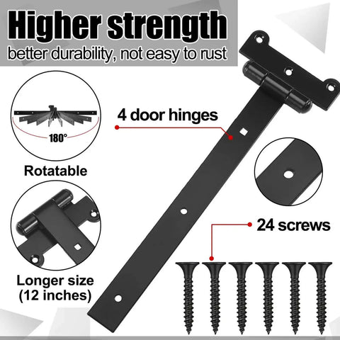 12-Inch Black Powder Coated T-Strap Gate Hinges Built Tough For Heavy Duty Doors Sheds And Barn Gates With 24 Mounting Screws