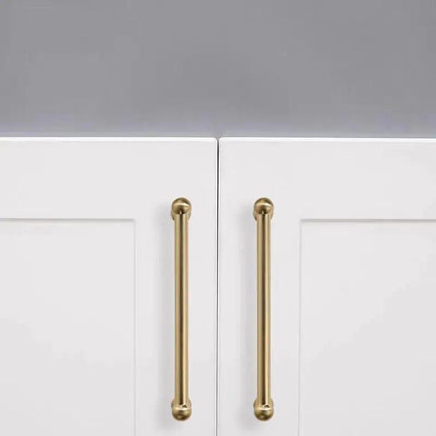 Two Pack 12 Inch Center To Center Brushed Brass Cabinet Pulls Set Solid Heavy Duty Drawer Handles on white cabinets in kitchen
