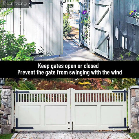 12 Inch Heavy Duty Cane Bolt Gate Drop Rod Ground Latch securing white wooden fence and gate, preventing swinging.
