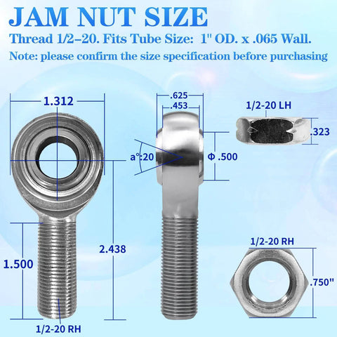 1/2 x 1/2-20 Heim joint rod end kit with chromoly joints, right and left hand threads, heat treated, zinc plated, dimension details.
