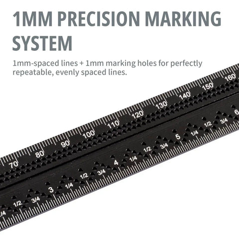 Close-up of 12 Inch Combination Angle Square with dual metric and inch ruler, showing 1mm and 1/16 inch hole spacing for precision marking.