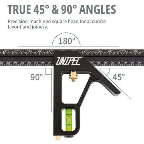 12 Inch Combination Angle Square With Dual Metric And Inch Ruler And Horizontal Bubble Level for precise layout and marking.