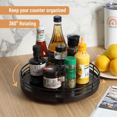 12 Inch Dark Mahogany Lazy Susan Turntable Organizer With Black Metal Frame For Tabletop holding spices and condiments