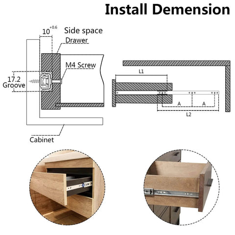 Diagram showing install dimensions and placement for 12 Inch Drawer Slides, Metal Drawer Slide Small Drawer Rails Ball Bearing Two Way Slide Track Rail Pack of 2 (0.7" Wide)