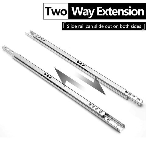 Two metal drawer slides with ball bearings, illustrating two-way extension, 12 Inch Drawer Slides, Metal Drawer Slide Small Drawer Rails Ball Bearing Two Way Slide Track Rail Pack of 2 (0.7" Wide).