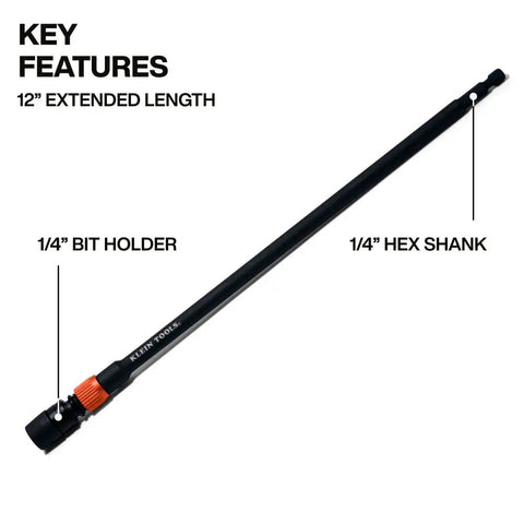 12 Inch Dual Lock Extension Bit Holder For Impact Drivers And Drills With One Quarter Inch Hex Shank Quick Release Lock