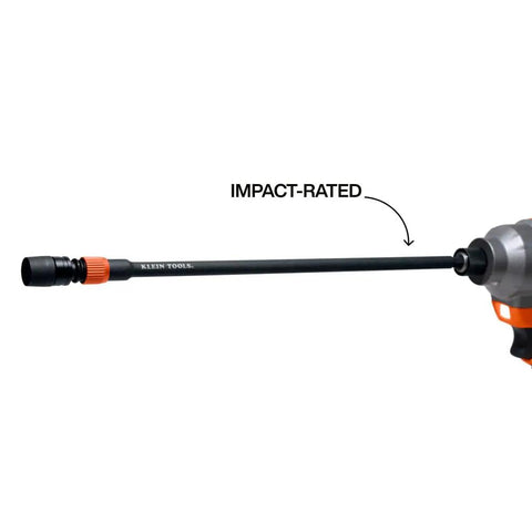 12 Inch Dual Lock Extension Bit Holder For Impact Drivers And Drills With One Quarter Inch Hex Shank Quick Release Lock And Secondary Twist Lock Impact Rated For Accessing Fasteners In Tight Spaces, shown attached to an impact driver.