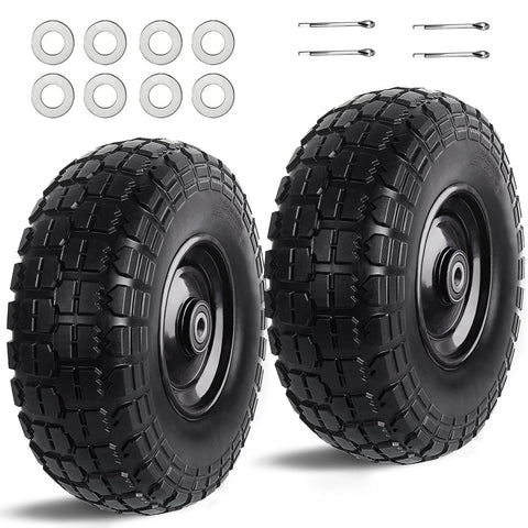 12 Inch Flat Free Solid Rubber Tire and Wheel Set, 410/350-6 Polyurethane Replacement Wheels with accessories