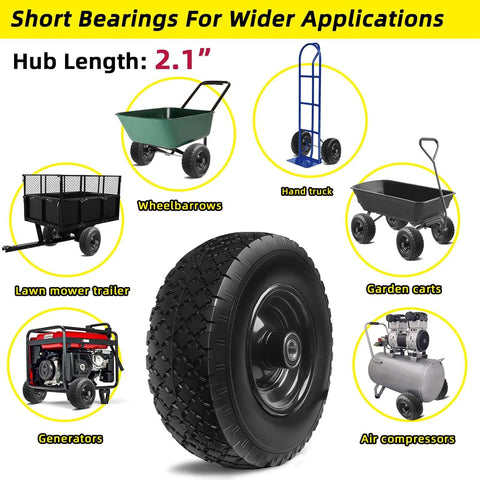 12 Inch Flat Free Solid Rubber Tire and Wheel Assembly with 2.1 Inch Offset Hub shown next to compatible garden carts and equipment.