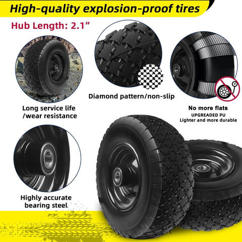12 Inch Flat Free Solid Rubber Tire and Wheel Assembly with 2.1 Inch Offset Hub featuring diamond pattern and durable PU.