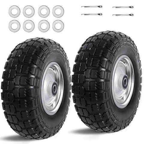 12 Inch Flat Free Solid Tire and Wheel Assemblies, 410/350-6 Polyurethane Replacement Tires, silver, for hand trucks and garden carts