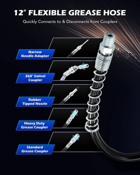 Grease Gun Accessory Kit with 12-inch flexible hose and various couplers, including narrow needle adapter and swivel coupler.