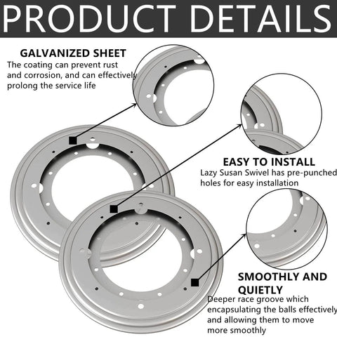 2 Pack 12 Inch Heavy Duty Lazy Susan Turntable Bearings, Galvanized Steel Swivel Bases with 5/16 Thickness, Product Details Image