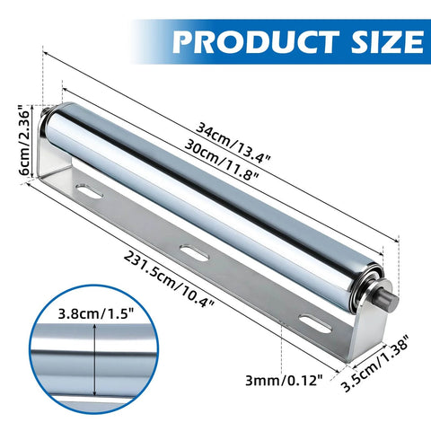 Product size diagram of 12" Long Rollers with Bracket 1.5" Dia Galvanized Steel Conveyor Roller for Roller Stands Woodworking and Conveyors