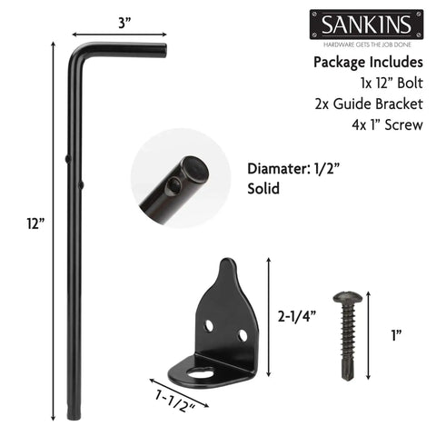 Beefed Up 12 Inch Cane Bolt Drop Rod Gate Hardware Heavy Duty Black Solid Steel Ground Latch with brackets and screws package