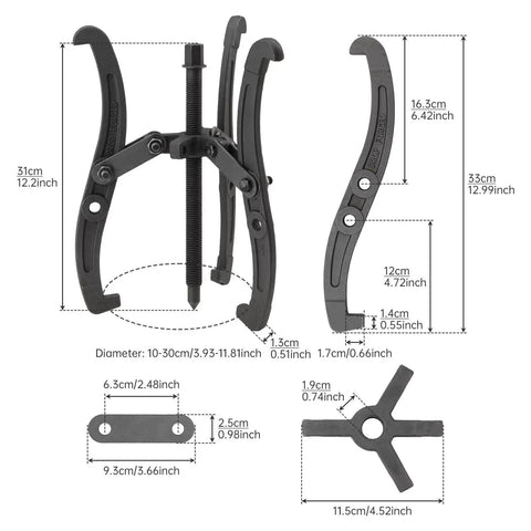 12 Inch Gear Puller Set With 2 Jaw And 3 Jaw Heads Built Tough From Carbon Steel Bearing Puller With Four Single Hole Claws All In One Auto And Mechanical Repair Tool For Cars And Machinery dimensions view