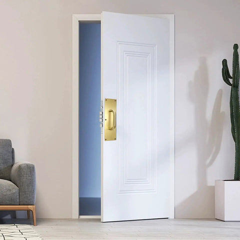 12 Inch Stainless Steel Door Handle Pull And Push Plate Set Heavy Duty Gold Brushed Finish on a white door in a living room