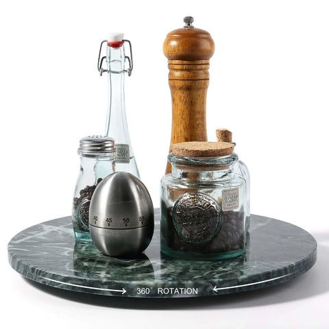 12 inch marble lazy susan turntable made from natural green marble, rotating serving tray with kitchen accessories.