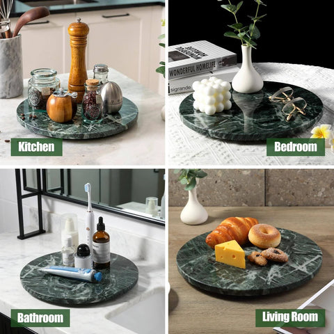 12 inch marble lazy susan turntable made from natural green marble, rotating serving tray for kitchen, bathroom, bedroom, and living room.