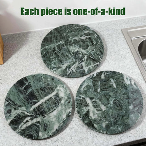 12 inch marble lazy susan turntable made from natural green marble, rotating serving tray designed for countertops on display.