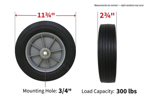 Shepherd Hardware 9654 12 Inch x 2-5/8 Inch Hand Truck Replacement Wheel, solid rubber tire, 3/4 inch bore, polypropylene hub, ribbed tread.