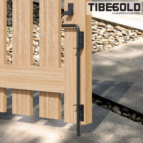 12 Inch Heavy Duty Cane Bolt Gate Drop Rod For Wood, PVC, Vinyl, And Metal Fences And Gates, extra thick ground latch, installed view