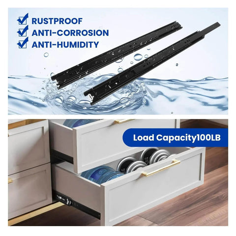 Full Extension Ball Bearing Drawer Slides 8 10 12 14 16 18 20 22 24 Inch Heavy Duty Side Mount File Cabinet Rails Dresser Runner Kitchen Cabinet Drawer Glides,12 Inch,1 Pair,Black, showing black slides and open drawer.