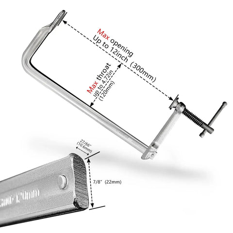 Heavy Duty 12 Inch F Clamp Set 4 Pack For Welding Woodworking And Metalworking 1320 Lb Load Capacity, showing measurements