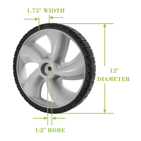 12 Inch Rear Wheel Replacement for Arnold 490-324-0002 showing dimensions, 12x1.75 Inch Plastic Lawn Mower Wheels with Bar Tread