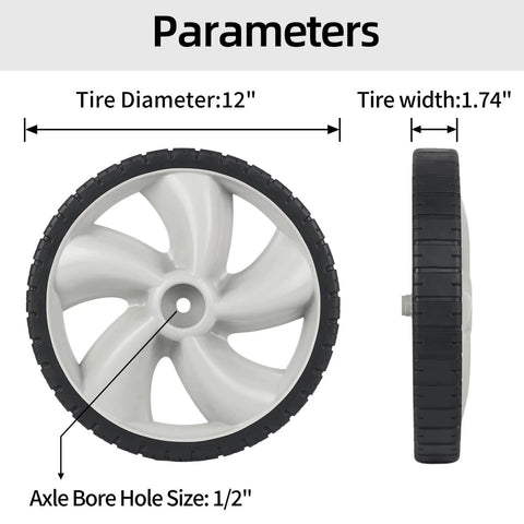 12 Inch Rear Lawn Mower Wheels Replacement for Arnold 490-324-0002, side and front view showing size and hub details